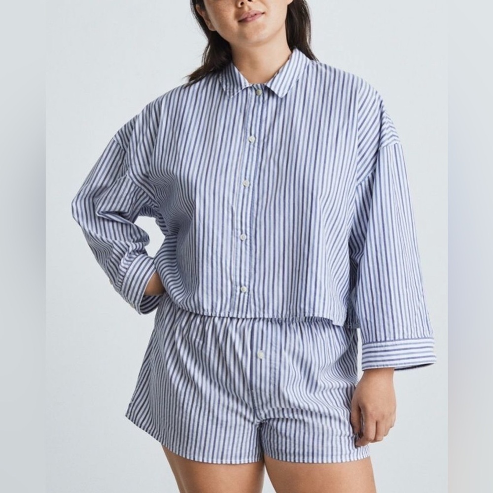 Everlane The Woven Cotton Pj Long Sleeve Button-Up Top In Blue Stripes - Size M